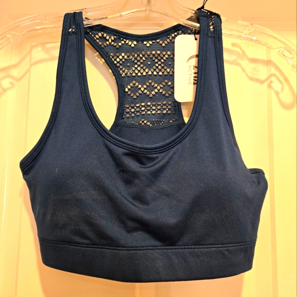 Deep Teal Sports Bra with Racerback Lace Design, Size M